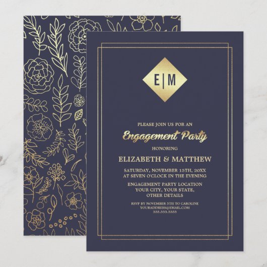 Navy blue | Gold Floral Pattern Engagement Party Kaart (Voorkant / Achterkant)