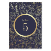 Navy Blue, Gold Floral Pattern Wedding Kaart (Voorkant)