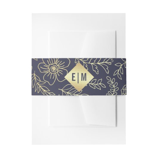Navy blue | Gold Floral Pattern Wedding Uitnodigingen Wikkel (Voorkant Voorbeeld)