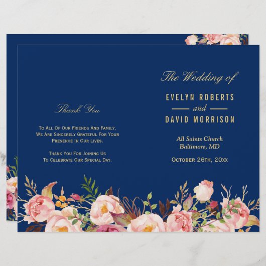 Navy Blue Gold Floral vouded Wedding Programme (Voorkant / Achterkant)