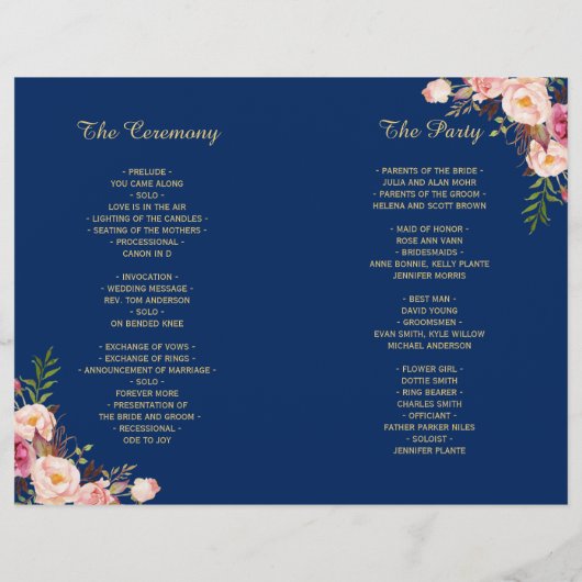Navy Blue Gold Floral vouded Wedding Programme (Achterkant)