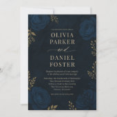 Navy Blue Gold Floral Wedding Kaart (Voorkant)