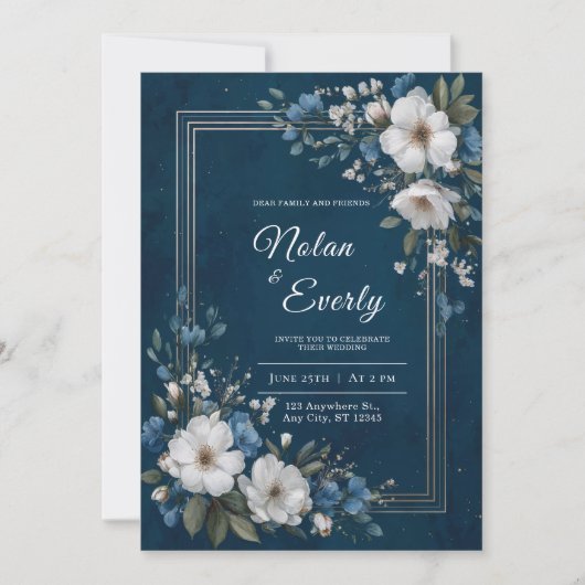 Navy Blue Gold Floral Wedding Kaart (Voorkant)