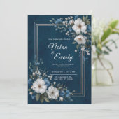 Navy Blue Gold Floral Wedding Kaart (Staand voorkant)