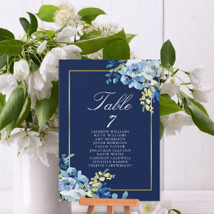 Navy Blue Gold Floral Wedding Table Names Kaart