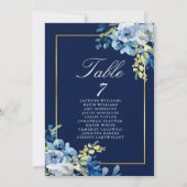 Navy Blue Gold Floral Wedding Table Names Kaart (Voorkant)