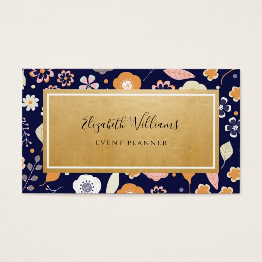 Navy Blue Gold Florals Event Planner Visitekaartje (Voorkant)