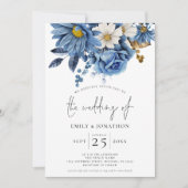 Navy Blue Gold Florals QR Code Weddenschap Kaart (Voorkant)