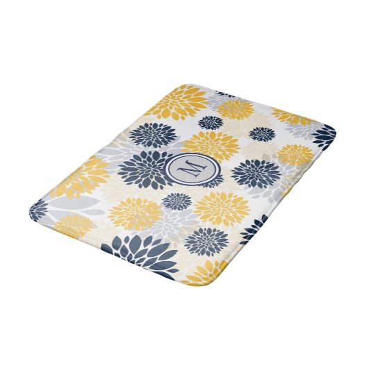 Navy Blue Gold Flower Graphic Pattern Badmat (Gekanteld)