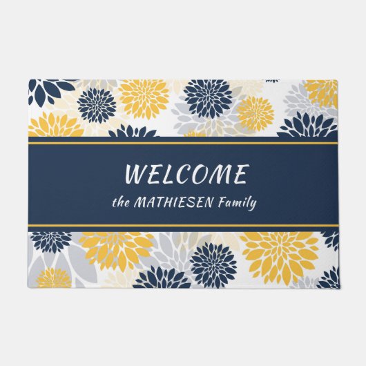 Navy Blue Gold Flower Graphic Pattern Deurmat (Voorkant)