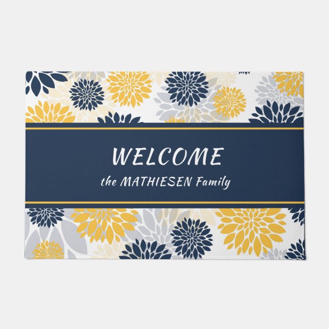 Navy Blue Gold Flower Graphic Pattern Deurmat (Voorkant)