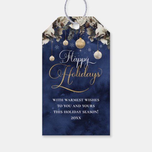 Navy Blue Gold Flowers Prettige feestdagen Cadeaulabel (Voorkant)