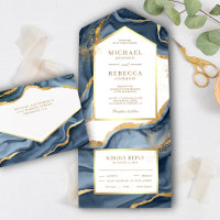 Navy Blue Gold Foil Abstract Fluid Ink Wedding