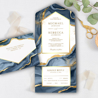 Navy Blue Gold Foil Abstract Fluid Ink Wedding All In One Uitnodiging