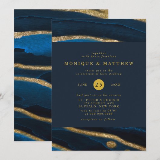 Navy Blue & Gold Foil Agate Wedding Kaart (Voorkant / Achterkant)