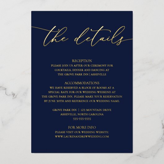 Navy Blue Gold Foil Minimalist Weddenschap Enclosu Folie Uitnodiging (Voorkant)