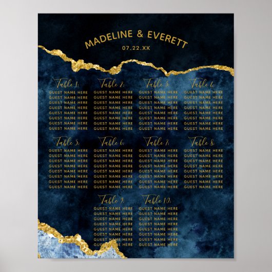 Navy Blue Gold Foil Wedding Table Seating Chart Poster (Voorkant)