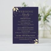 Navy Blue & Gold Foliage Modern Botanical Wedding Informatiekaartje (Staand voorkant)