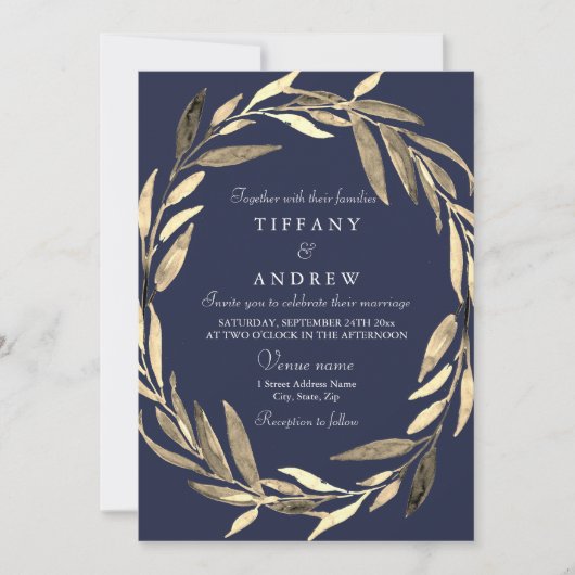 Navy Blue Gold Garden Leaf Wreath Wedding Invite Kaart (Voorkant)