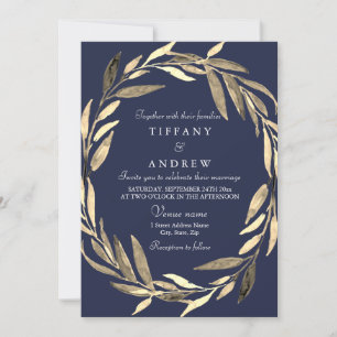 Navy Blue Gold Garden Leaf Wreath Wedding Invite Kaart