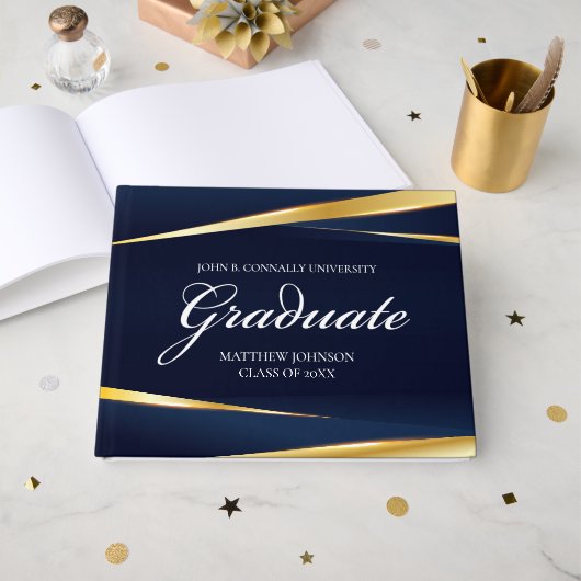 Navy Blue Gold Geometric Custom Formele Afstuderen Gastenboek (Voorkant open)