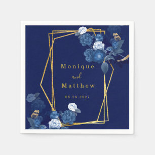 Navy Blue & Gold Geometric Floral Wedding Servet
