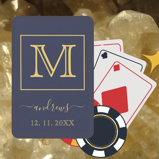 Navy Blue Gold - gepersonaliseerd monogram en naam Pokerkaarten
