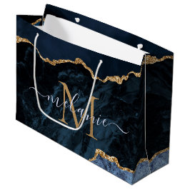 Navy Blue Gold Gift Bag Aangepaste naam en letter Groot Cadeauzakje