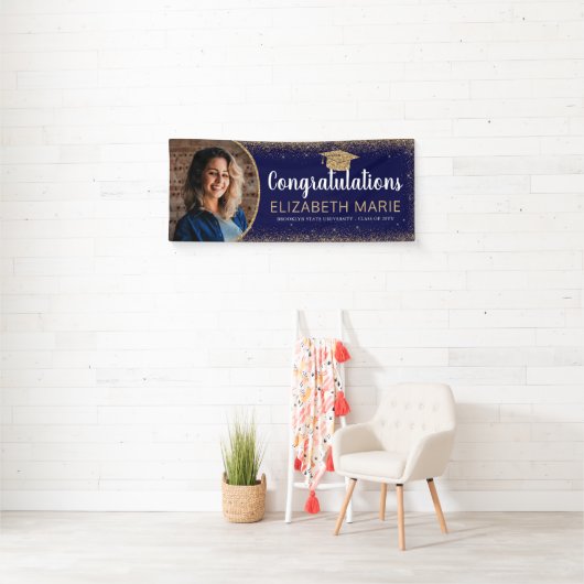 Navy Blue Gold Glitter 2021 Klasse Foto Afstuderen Spandoek (Insitu)