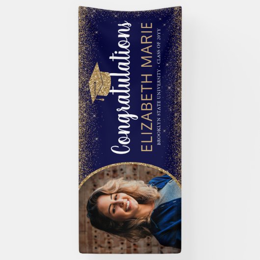 Navy Blue Gold Glitter 2021 Klasse Foto Afstuderen Spandoek (Verticaal)