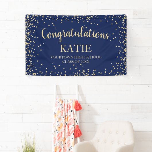Navy Blue Gold Glitter - Afstuderen gefeliciteerd Spandoek (Insitu)