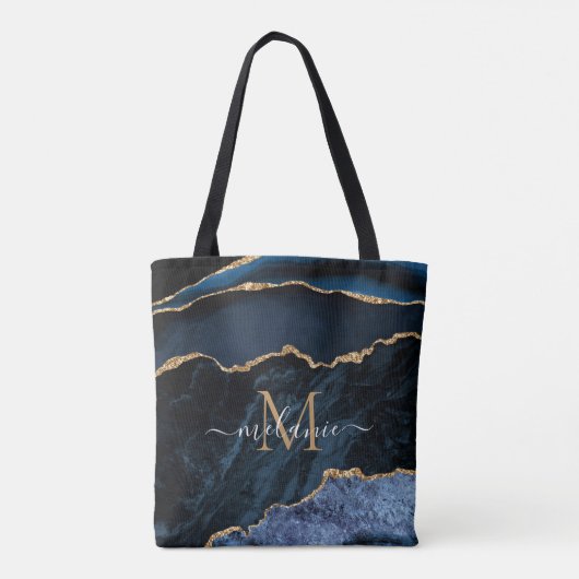 Navy Blue Gold Glitter Canvas tas Aangepaste Naam  (Achterkant)