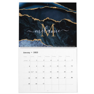 Navy Blue Gold Glitter Custom Letter Naam Kalender