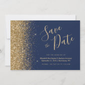 Navy Blue Gold Glitter Script Bewaar de datum Kaart (Voorkant)