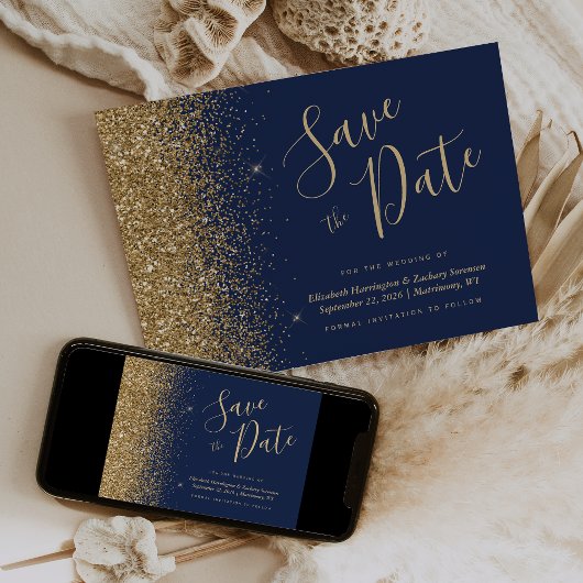 Navy Blue Gold Glitter Script Bewaar de datum Kaart