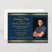 Navy Blue Gold Graduparty foto Briefkaart (Voorkant / Achterkant)