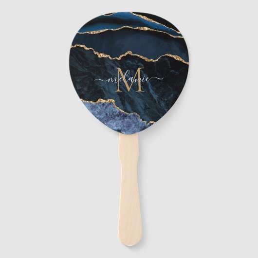 Navy Blue Gold Hand Fan Custom Naam en Letter Handwaaier (Voorkant)