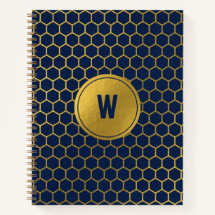 Navy Blue Gold Hexagon Pattern Monogrammed Initiaa Notitieboek