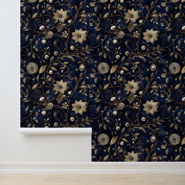 Navy Blue Gold Jewel Floral Behang (Applicatie)