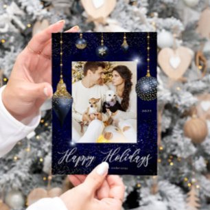 Navy Blue Gold Jewel Ornament Foto Vakantie Kaart