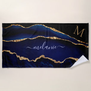 Navy Blue Gold Jouw naam Letter Strandlaken
