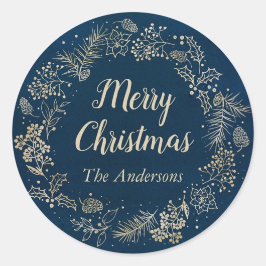 Navy Blue & Gold Kerstmis Wreate Holiday Ronde Sticker (Voorkant)
