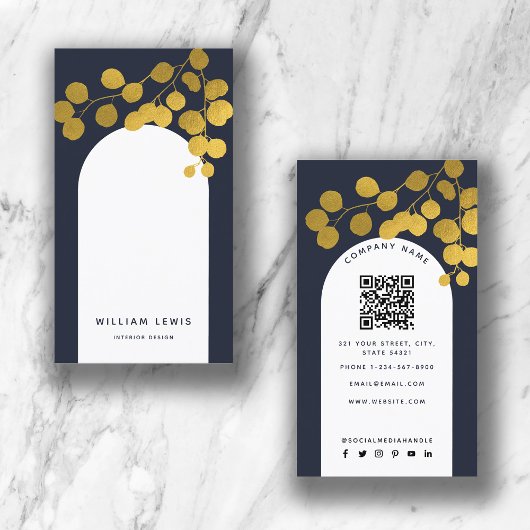 Navy Blue Gold Leaves Modern Arch QR Code Visitekaartje
