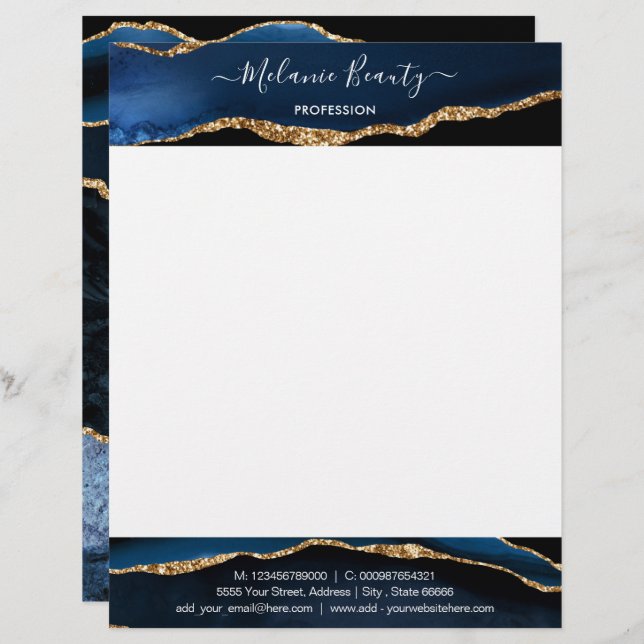 Navy Blue Gold Letterhead heeft uw ontwerp geperso Briefhoofd (Voorkant / Achterkant)