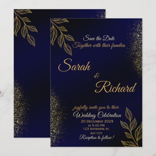 Navy Blue Gold Luxury Wedding Invitation (Devant / Derrière)