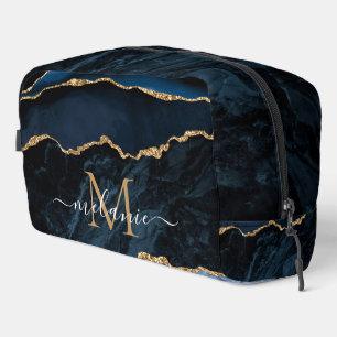 Navy Blue Gold Marble Custom Uw Letter en Naam Toilettasje