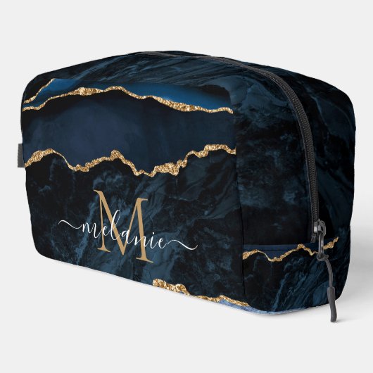 Navy Blue Gold Marble Custom Uw Letter en Naam Toilettasje (Rechterhoek)