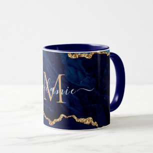 Navy Blue Gold Marble Custom Uw Letter Naam Mok