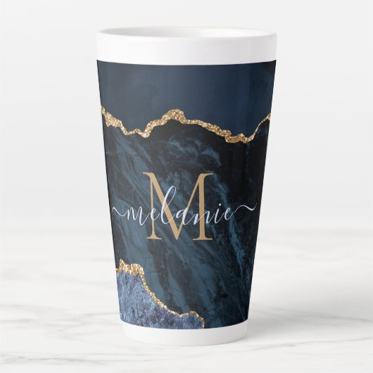 Navy Blue Gold Marble Monogram Naam Latte Mok (Voorkant)