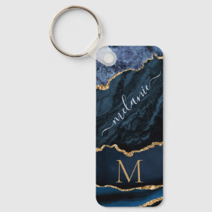 Navy Blue Gold Marble Monogram Naam Sleutelhanger